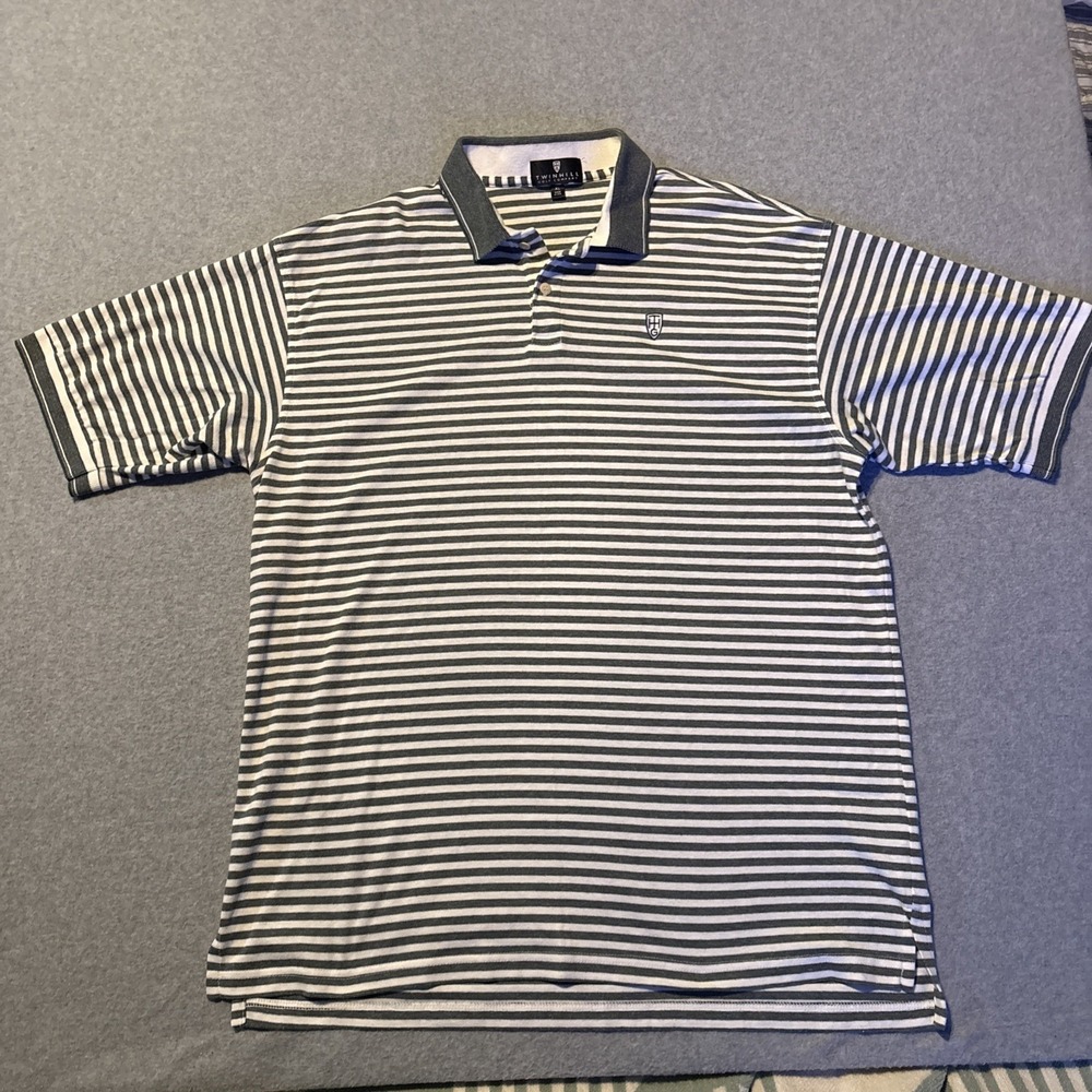 TWINHILL Golf Company Men's XL Gray White Striped Polo‎ Very Good Cond.